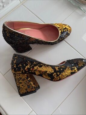 JF London Sequin Block Heel Pumps in Black & Gold